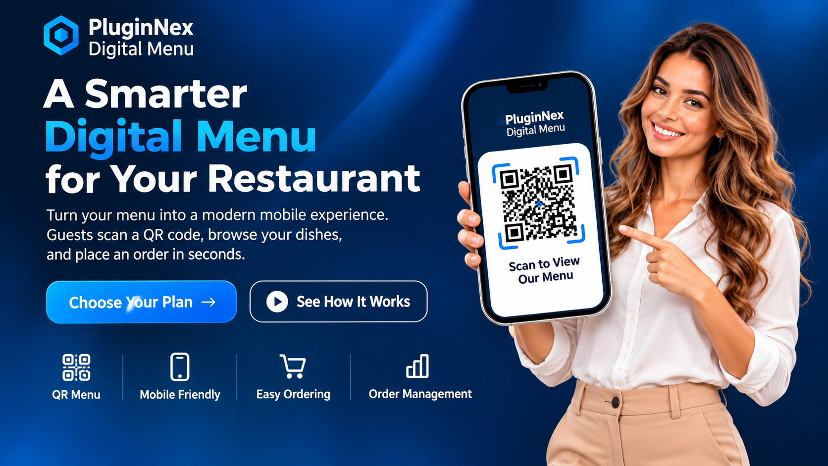 PluginNex Digital Menu — guests scan a QR code to view a restaurant menu and order from their phone