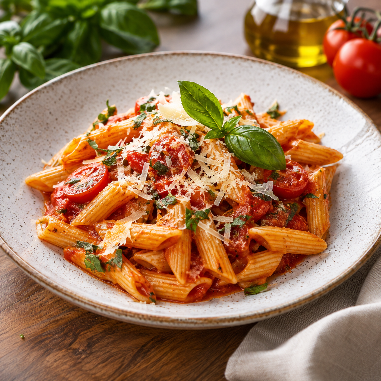 Penne pasta with tomato and basil
