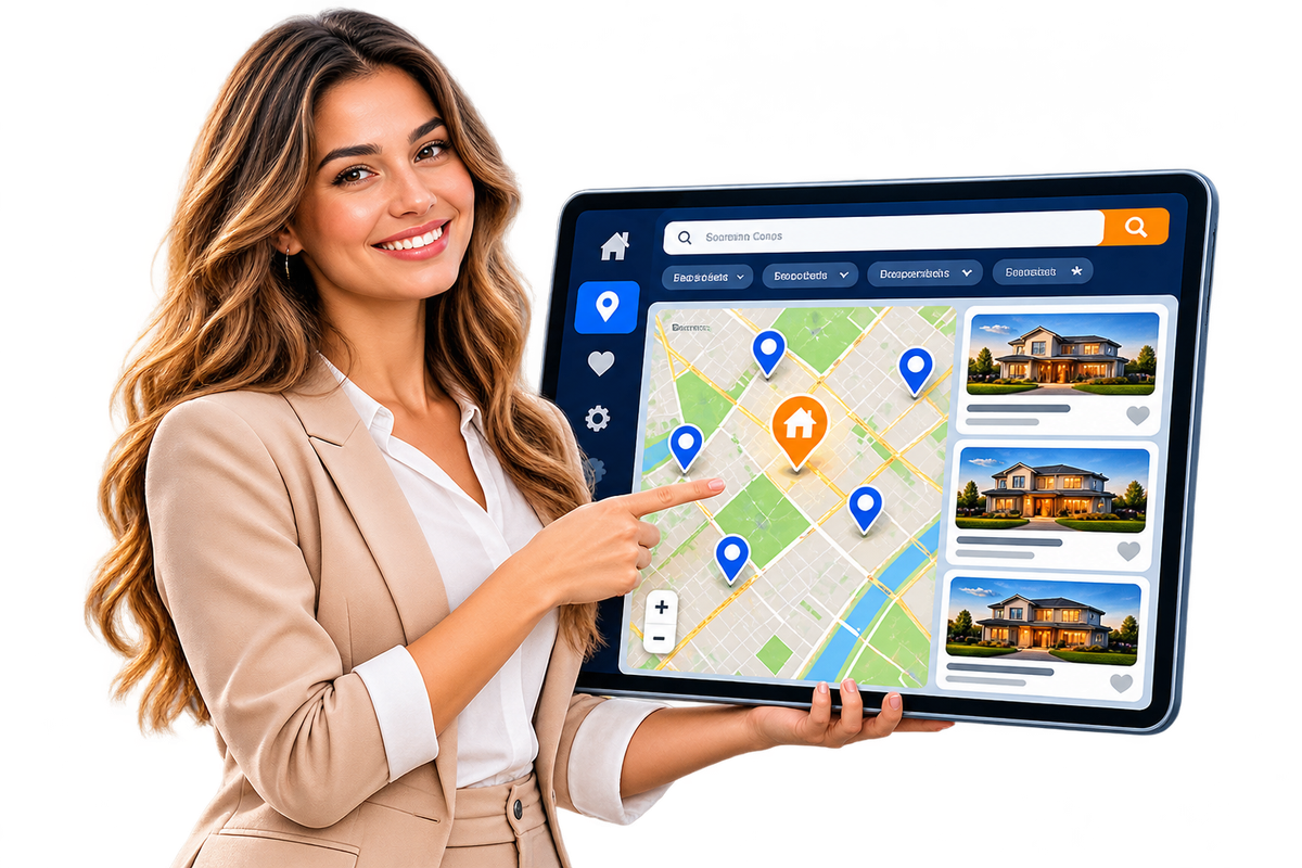 Real estate map search interface with property listings