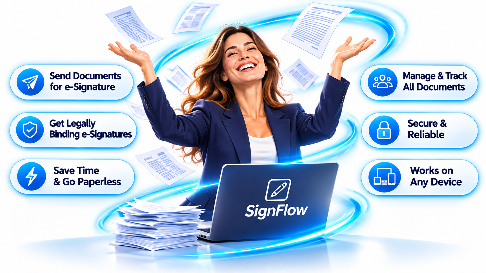 SignFlow workflow illustration with a woman, floating documents, blue spiral light trails, and feature highlights