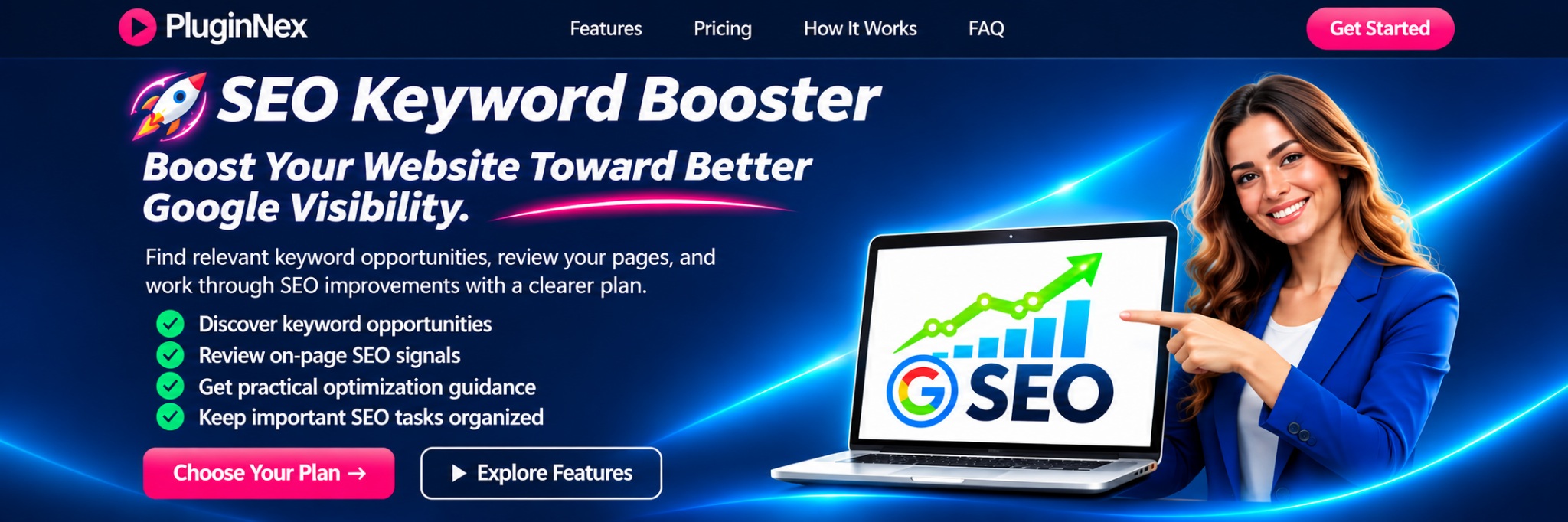 SEO Keyword Booster — Boost Your Website Toward Better Google Visibility. Discover keyword opportunities, review on-page SEO signals, get practical optimization guidance, and keep SEO tasks organized.